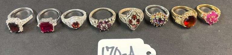 8 STERLING RINGS WITH RUBELITE AND RUBY TYPE STONES, VARYING STYLES - 35.40 GRAMS, 1.13 TROY OZ INCLUDING STONES - SIZES 6-9 image