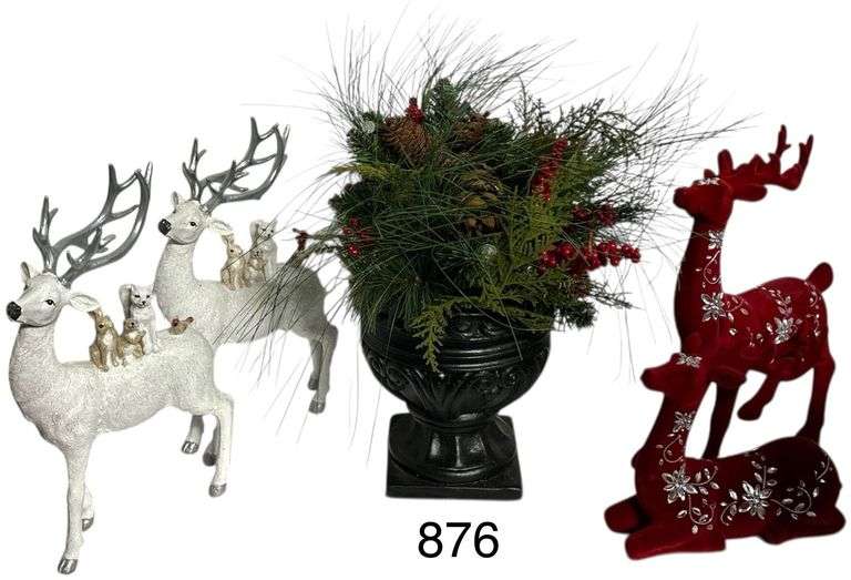 CHRISTMAS LOT TO INCLUDE TWO RED SUEDED PORCELAIN DEER WITH PEARL AND RHINESTONE DETAILING, TWO WHITE REINDEER, FLORAL/PINECONE ARRANGEMENT image