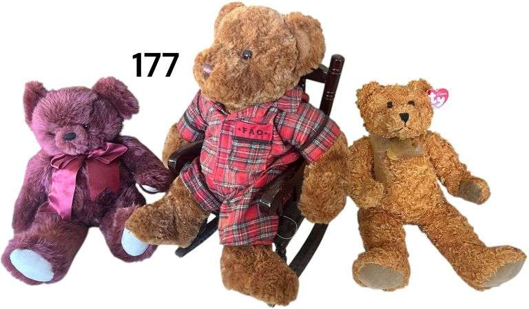 KNICKERBOCKER BEAR CO. STUFFED BEAR, TY CLASSIC TEDDYBEARSARY STUFFED BEAR, FAO SCHWARZ STUFFED BEAR W/ WOODEN DOLL ROCKER image