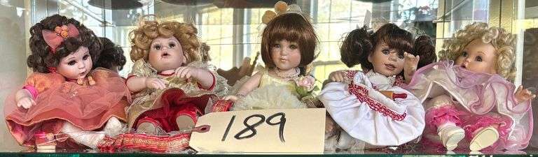 LOT OF 5 MARIE OSMOND 8" TINY TOT PORCELAIN COLLECTOR DOLLS - SECOND ONE FROM LEFT HAS DAMAGED SKIRT image