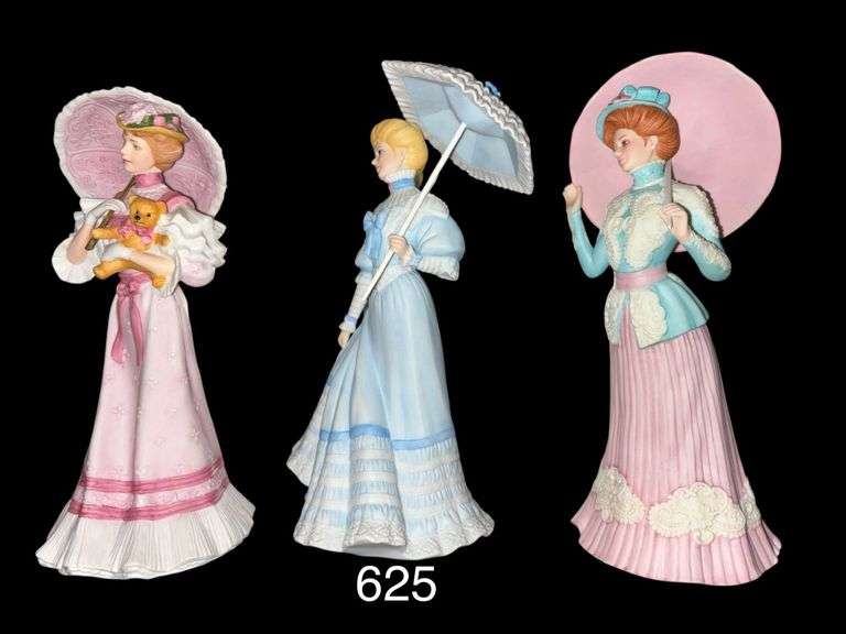 THREE GORHAM LADY AND PARASOL FIGURINES: ALL THE FAIR, SUNDAY PROMENADE, ON THE BOARDWALK (SHELF LOT TOP OF GOLD CURIO CABINET) image