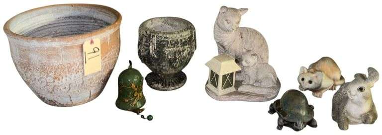 DECORATIVE CERAMIC PLANTER, DISTRESSED FINISH PLANTER, CAT WITH LANTERN YARD ART, OUTDOOR BELL ORNAMENT; MOUSE, CAT, AND TURTLE YARD ART image