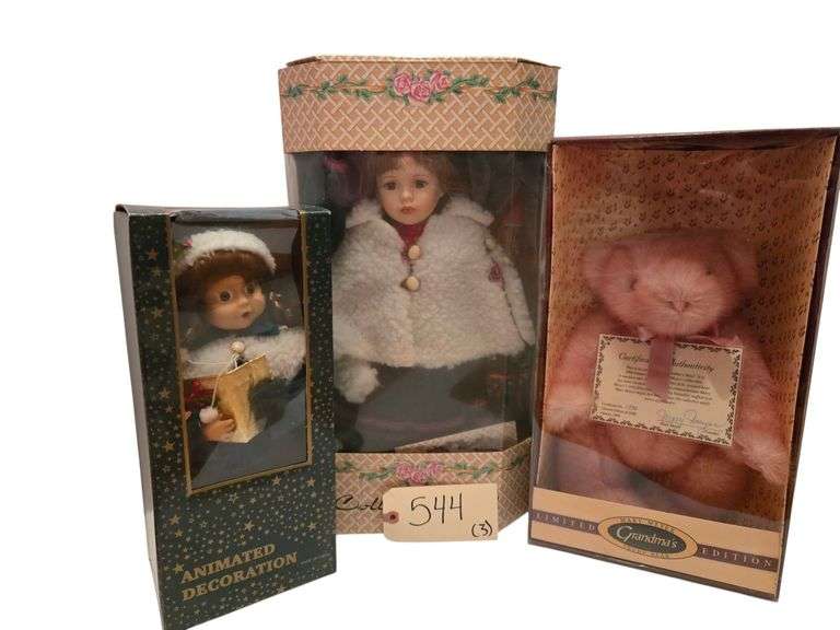 BATTERY OPERATED CHRISTMAS CAROLER, CROWNE PORCELAIN CHRISTMAS DOLL, MARIE MEYER “GRANDMA’S TEDDY BEAR” image