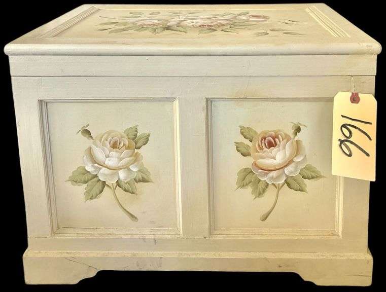 VINTAGE UNIQUE WHITE WOODEN STORAGE TRUNK - APPEARS TO BE HAND PAINTED FLOWERS ON TOP AND FRONT - INSIDE IS BURGUNDY COLOR VELVET LINED - APPROX. 22" WIDTH X 15" DEPTH X 16.5" HEIGHT - MATCHES LOT #114 image