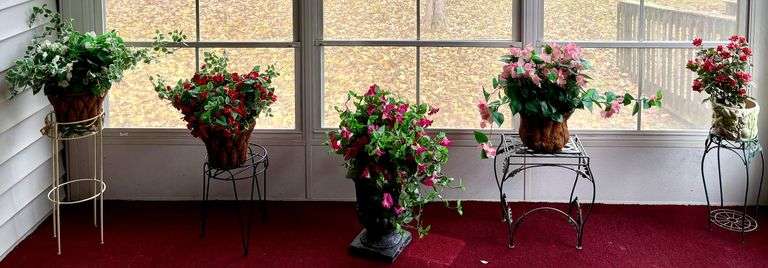 5 ARTIFICIAL FLORAL ARRANGEMENTS W/ 4 PLANT STANDS image
