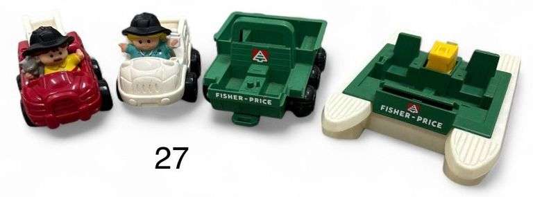 VINTAGE FISHER-PRICE ADVENTURE PEOPLE #307 WILDERNESS PATROL PONTOON BOAT, VINTAGE FISHER-PRICE ADVENTURE PEOPLE 6X6 GREEN RANGER ATV, 2 FISHER-PRICE LITTLE PEOPLE FIGURINES W/ 2 UNBRANDED VEHICLES image
