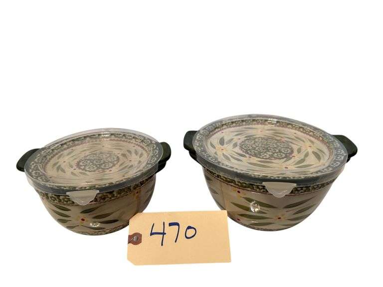 TEMP-TATIONS OLD WORLD SET OF 2 CERAMIC BOWLS WITH BOTH PLASTIC AND CERAMIC LIDS: 1 QT, 1.5 QT image