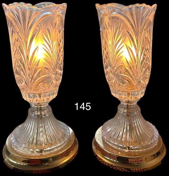 TWO CRYSTAL LAMPS WITH BRASS-TONE BASES - MADE IN POLAND LABELS ATTACHED - WORKING AND IN LIKE NEW CONDITION - APP. 14 INCHES TALL image
