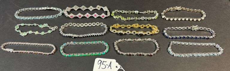 12 STERLING 925 BRACELETS W/ VARIOUS COLOR STONES, RUBY, EMERALD, JADE, SAPPHIRE, PEARL, ETC. image