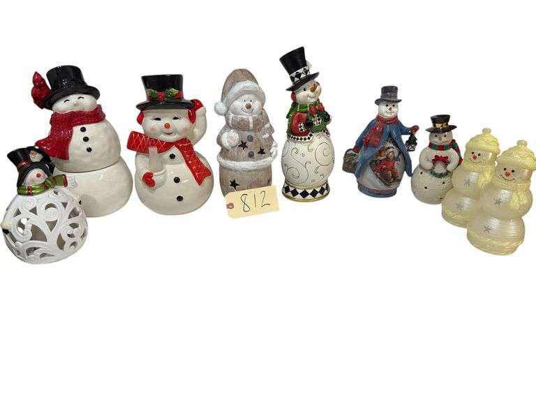 SNOWMAN LOT: WOODEN, CERAMIC, BATTERY OP CANDLE, ETC. - NINE IN ALL, TALLEST IS APP. 13.5 INCHES image