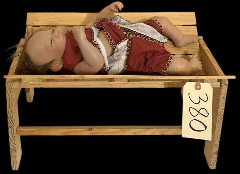 ASHTON DRAKE CHRISTMAS JESUS “AWAY IN A MANGER” FROM THE THE LITTLEST PAGEANT - NICE WOODEN MANGER INCLUDED image