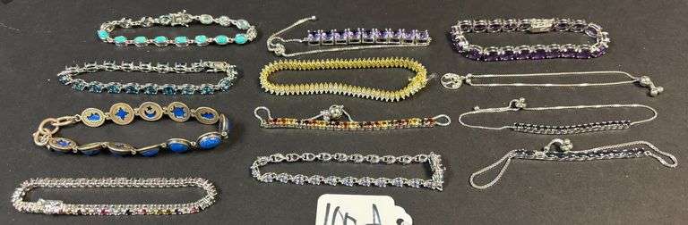 12 STERLING 925 BRACELETS WITH VARIOUS STONES, SAPPHIRE, JADE, PURPLE AMETHYST, CLEAR, DARK, MULTICOLOR, ETC. image