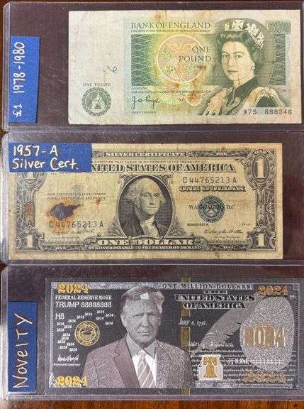 1957-A SERIES SILVER CERTIFICATE, AS-IS, BRITISH ONE POUND NOTE 1978-1980 BANK OF ENGLAND, NOVELTY 2024 TRUMP $1 MILLION DOLLARS NOTE - BUYING ALL 3 image