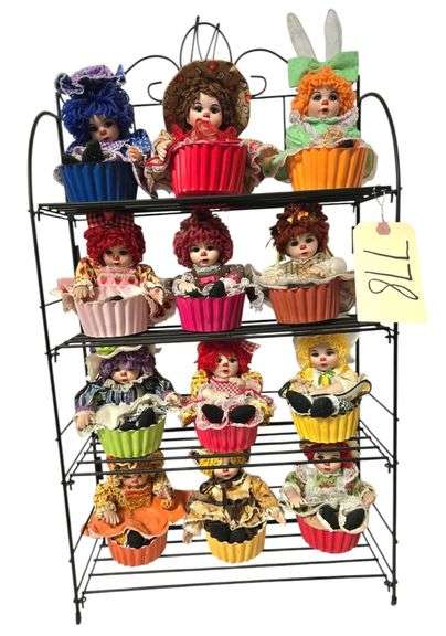 12 MARIE OSMOND TINY TOT RAG-A-MUFFIN DOLLS W/ MARIE OSMOND WIRE RACK image