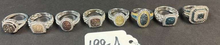 8 STERLING SILVER RINGS, CLUSTER CUT STONES - 1.50 TROY OZ, 46.76 GRAMS - SIZE 5-7 image