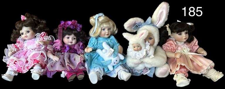LOT OF 5 MARIE OSMOND TINY TOT 8 INCH PORCELAIN COLLECTOR DOLLS - HAVE BEEN KEPT INSIDE A GLASS DOOR CASE, LIKE NEW, ACCESSORIES INCLUDED image