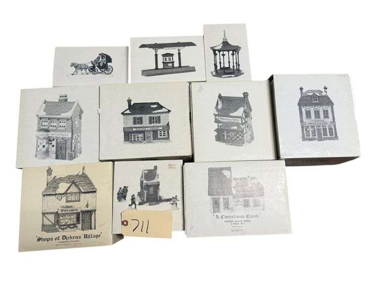 DICKENS' VILLAGE - ASSORTMENT OF MEDIUM SIZE BOXES (9 BOXES) WITH VILLAGE HOUSES, HORSE AND BUGGY, GAZEBO AND TRAIN PLATFORM image