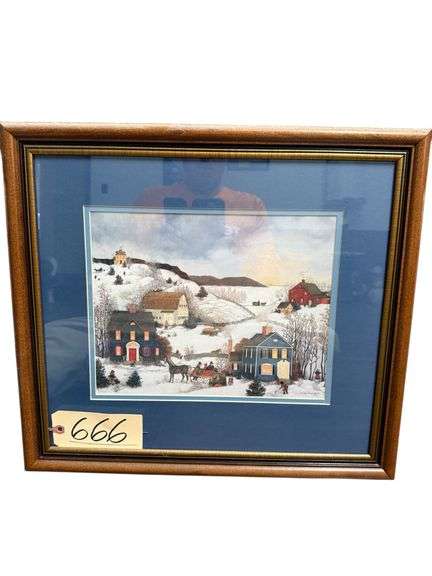 FRAMED PRINT OF RURAL FOLK ART SCENE BY LINDA NELSON STOCKS 1992 - WINTER RURAL TOWN SCENE image