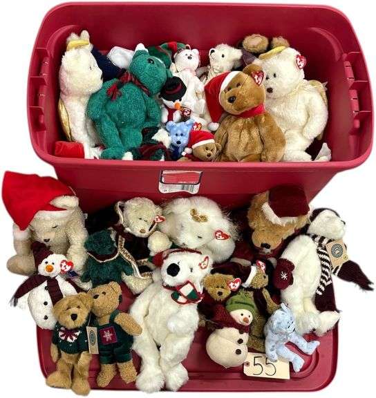 22 QUART RED TOTE CHOCK FULL OF COLLECTIBLE BEARS, ETC. - NAMES INCLUDE TY, BOYD, BEARS FROM THE PAST image