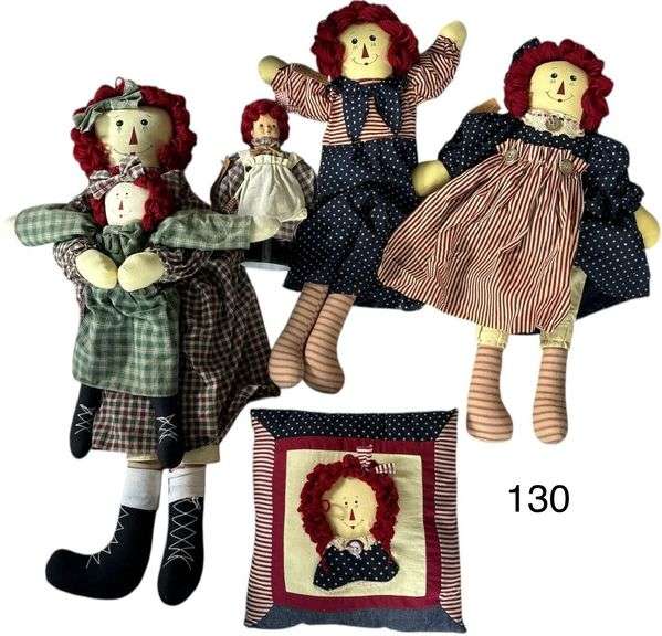 SPRINGFORD GIFTS 22 INCH RAGGEDY ANN/ANDY STYLE DOLLS, ANOTHER LARGE DOLL (26 INCH) HOLDING SMALLER DOLL, PILLOW THAT APPEARS TO MATCH SPRINGFORD DOLLS image