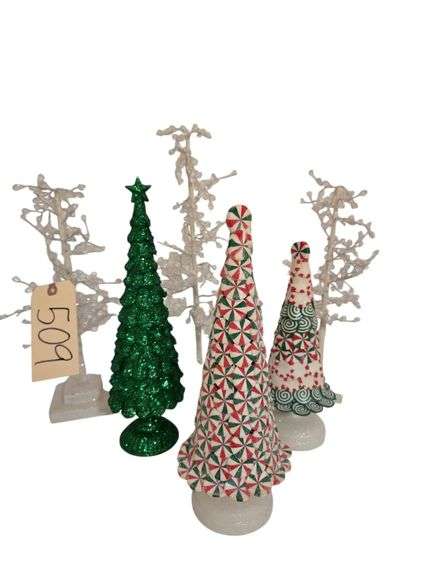 6 SMALL DECORATIVE CHRISTMAS TREES: 2 BATTERY OPERATED LIGHTS, 3 WOODEN BASE (TALLEST APPROX. 16”), 1 OTHER image