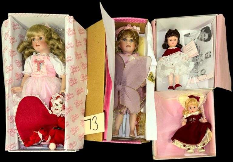 LOT OF 4 DOLLS TO INCLUDE TWO APP. 7 INCH MADAM ALEXANDER DOLLS: 35145 'HE LOVES ME' AND 33620 L/V 'VALENTINE' - LOT ALSO INCLUDES PARADISE GALLERY 'PRECIOUS KISS' (APP. 14 INCHES TALL) PLUS 'VALENTINE TREASURE' DOLL image