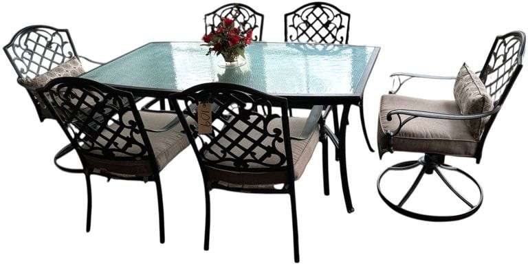 BLACK METAL PATIO DINING SET WITH TEXTURED GLASS TOP TABLE AND 6 CHAIRS INCLUDING 2 SWIVEL ROCKERS WITH CUSHIONS image