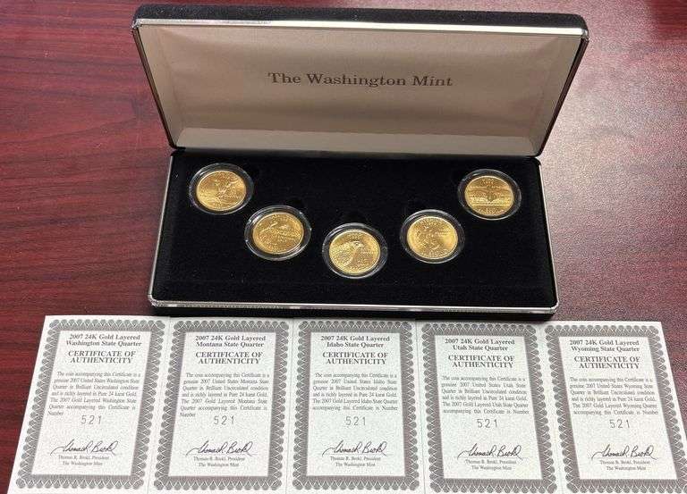 2007 5 STATE QUARTERS LAYERED IN 24K GOLD BY THE WASHINGTON MINT - WASHINGTON, MONTANA, IDAHO, UTAH, WYOMING - WITH 5 COAS - COMES IN A BLACK VELVET CASE image
