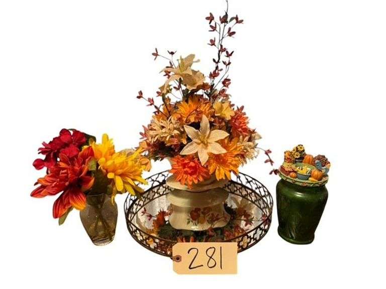 GOLD COLORED MIRRORED TRAY WITH 2 FALL COLOR FLORAL ARRANGEMENTS AND A FALL CANDLE image