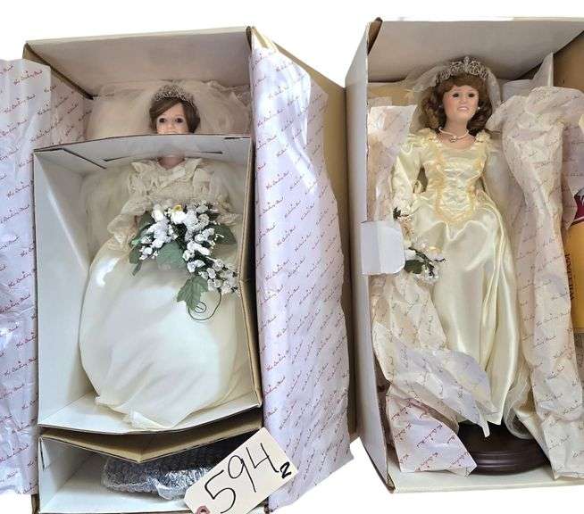 2 THE DANBURY MINT PORCELAIN DOLLS APPROX. 20”: “THE PRINCESS DIANA BRIDE DOLL”, “THE PRINCESS SARAH BRIDE DOLL” W/ STANDS image