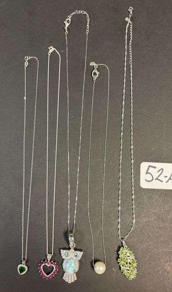 5 STERLING 925 NECKLACES W/ PENDANTS, HEARTS, OWL, OTHERS, GREEN EMERALD, RUBY TYPE PEARLIZED PENDANTS - 30.58 GRAMS, .98 TROY OZ image