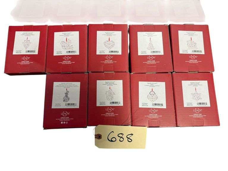 SET OF 9 LENOX SPARKLE AND SCROLL CHRISTMAS ORNAMENTS, NEW IN BOX image