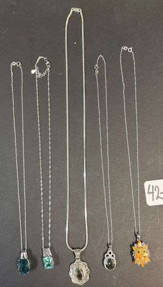 5 STERLING 925 NECKLACES, DARK EMERALD TYPE STONES, LIGHT EMERALD TYPE STONE, ORANGE IRIDESCENT PENDANT, ETC. - 33.44 GRAMS, 1.07 TROY OZ image