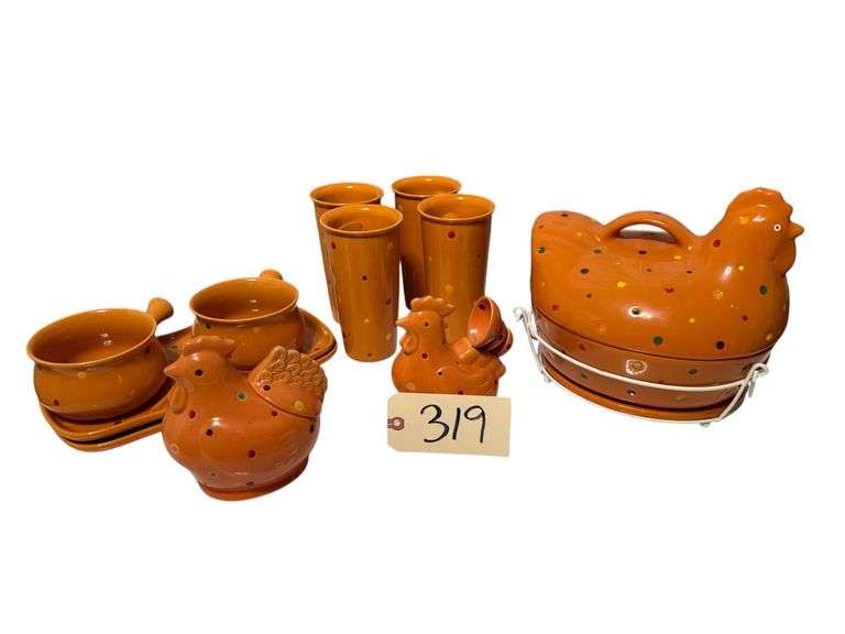 TEMP-TATIONS OVENWARE POLKA DOT PATTERN - SOUP TUREEN, 2 SOUP BOWLS WITH TRAYS, 4 COFFEE MUGS, HEN WITH MEASURING SPOONS, HEN WITH LID image