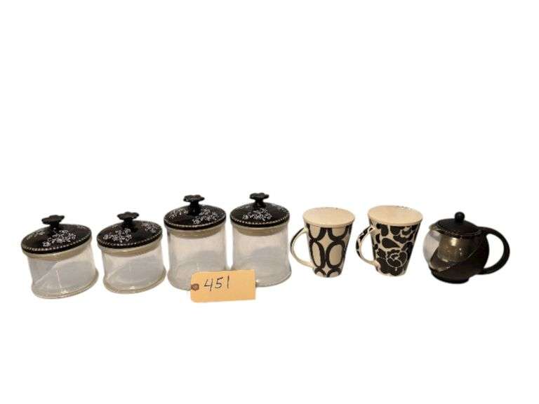 2 FRENCH BULL COFFEE MUGS WITH LIDS, HALF-MOON TEAPOT WITH REMOVABLE LOOSE TEA INFUSER, SET OF 4 GLASS LIDDED CANISTERS image