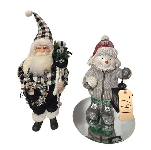 SNOWMAN W/ LANTERN FIGURINE, SANTA CLAUS FIGURINE W/ MIRRORED BASE - SANTA CLAUS APPROX. 18” image