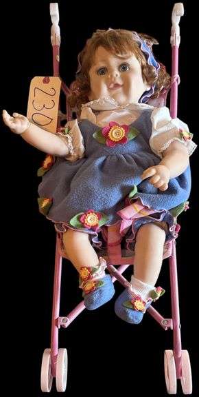 SIGNED LARGE MARIE OSMOND VINYL DOLL WITH STROLLER image