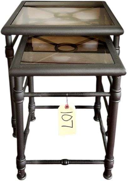 2 BLACK METAL NESTING SIDE TABLES WITH BEVELED GLASS INSERTS AND TURNED LEGS image
