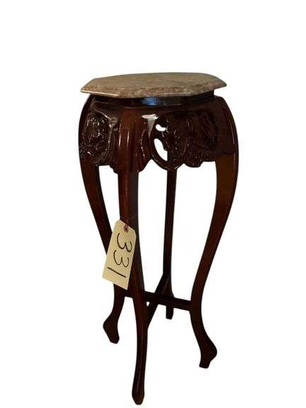 36" TALL MAHOGANY FERN STAND WITH RETICULATED DESIGN - WITH GENUINE MARBLE TOP - TOP MEASURES 12" IN ANY DIRECTION image