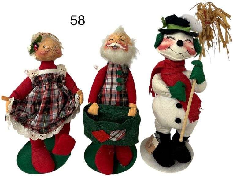 3 COLLECTIBLE ANNALEE CHRISTMAS FIGURES - ABOUT 19 INCHES TALL, GOOD CONDITION WITH SLIGHT WEAR TO THE FELT ON THE BASE image
