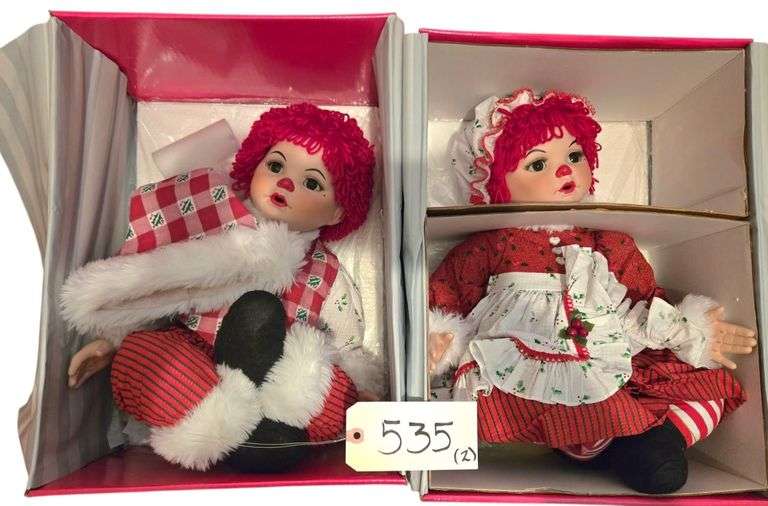 2 MARIE OSMOND PORCELAIN DOLLS APPROX. 16” SITTING - “HUGS, MISTLE, HO HO HO” & “KISSY MISTLE HO HO HO” image
