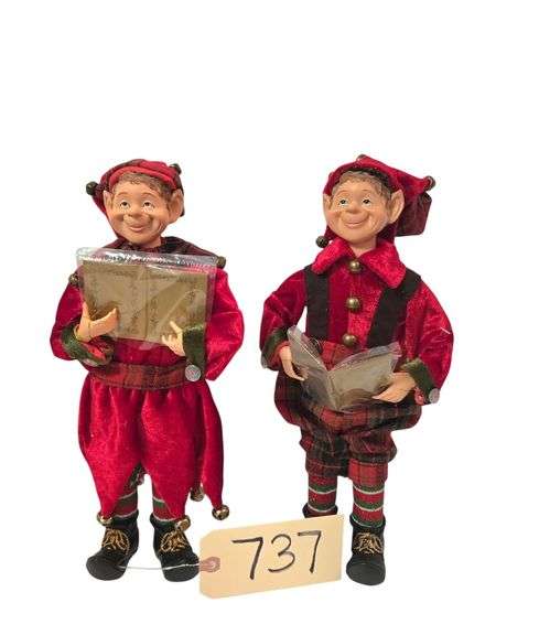 2 CHRISTMAS CAROLER ELVES FIGURINES APPROX. 12.5” TALL image