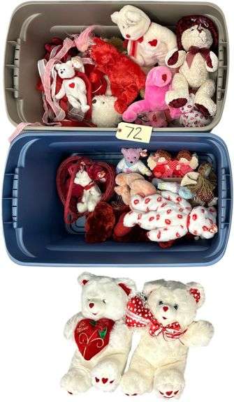 TWO BOXES OF VALENTINES ITEMS WITH ASSORTMENT OF TY BEANIE BABIES AND OTHER ANIMALS/DECOR - TOTES WITH LIDS INCLUDED image