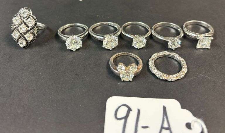 8 STERLING 925 RINGS, CZ STONES, 1 "DREAMS DO COME TRUE" MICKEY MOUSE RING - 27.24 GRAMS, .87 TROY OZ WITH THE STONES - SIZES RANGE FROM 4-7 image