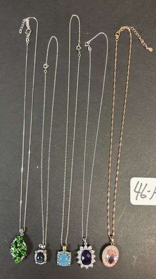 5 STERLING 925 NECKLACES W/ PENDANTS, 1 ROSE GOLD OVERLAY SILVER NECKLACE, EMERALD, BLUE OPAL TYPE, PURPLE AMETHYST, ICE PINK STONES - .98 TROY OZ, 30.55 GRAMS image