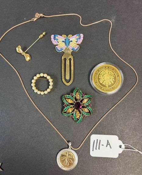 STERLING 925 PENDANT W/ FOREIGN 1969 COIN AND 925 STERLING NECKLACE, BUTTERFLY BOOKMARK, MULTICOLOR BROOCH PIN, PEARL TYPE BROOCH, WILLIAM THE PRINCE OF WALES TOKEN image