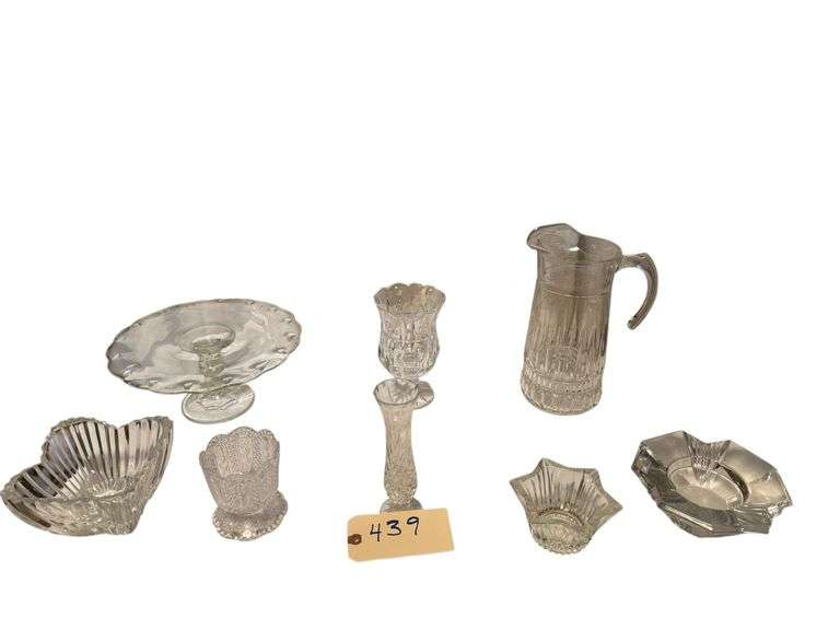 ASSORTMENT OF GLASSWARE: CAKE STAND, 2 FOOTED VASES, PITCHER, 6 INCH TULIP BOWL, FOOTED CANDY DISH, 2 CANDLE HOLDERS image