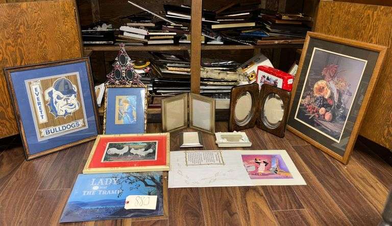 HUGE LOT OF PHOTO FRAMES - MODERN, VINTAGE, HOLIDAY, ETC. (ALL PICTURED IN BOTH SIDES OF CABINET) PLUS FRAMED/MATTED EVERETT BULLDOGS SIGN, ROOSTER PRINT, LADY & TRAMP MONOLITHS, POCAHONTAS PRINT, ETC. - GREAT LOT! image