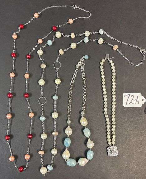 4 STERLING 925 NECKLACES W/ STONES, MOSTLY PEARL TYPE, SOME BLUE, RED, PINK, ETC. - 4.6 TROY OZ, 143.58 GRAMS TOTAL WITH LARGE STONES image