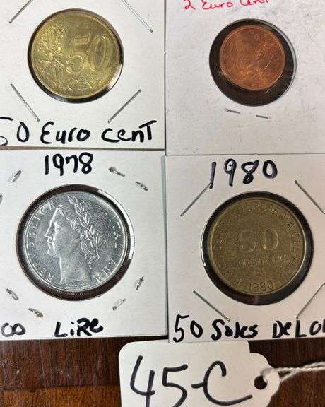 FOREIGN CURRENCY COINS - ITALIAN 100 LIRE 1978, 50 EURO CENT 2002, 50 SOLES DEL ORO 1980, FRANCE 2 EURO CENT 2008 image